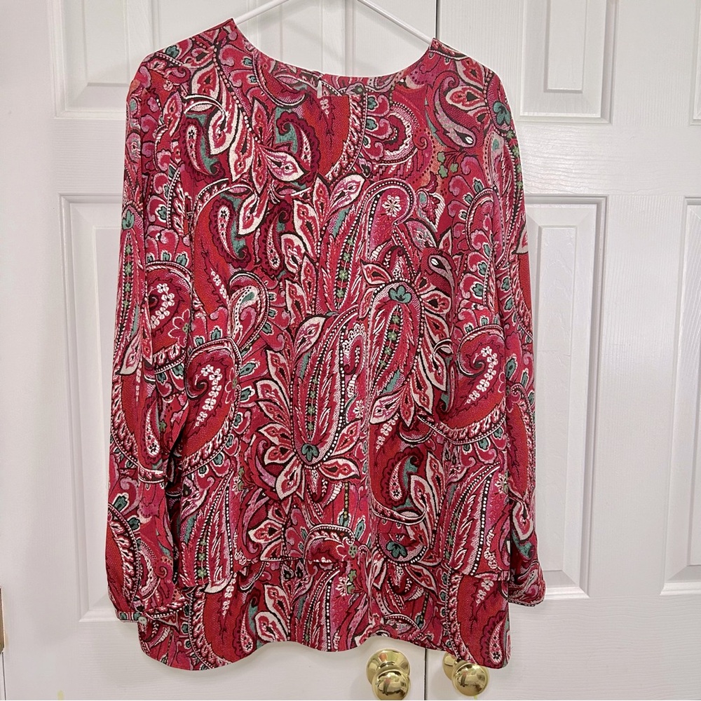 J Jill Red & Pink Paisley Two Tiered Long Sleeve Tunic Top Plus Size 2X